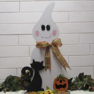 24" Ghost Pumpkin and Cat on Base