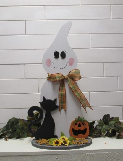 24" Ghost Pumpkin and Cat on Base